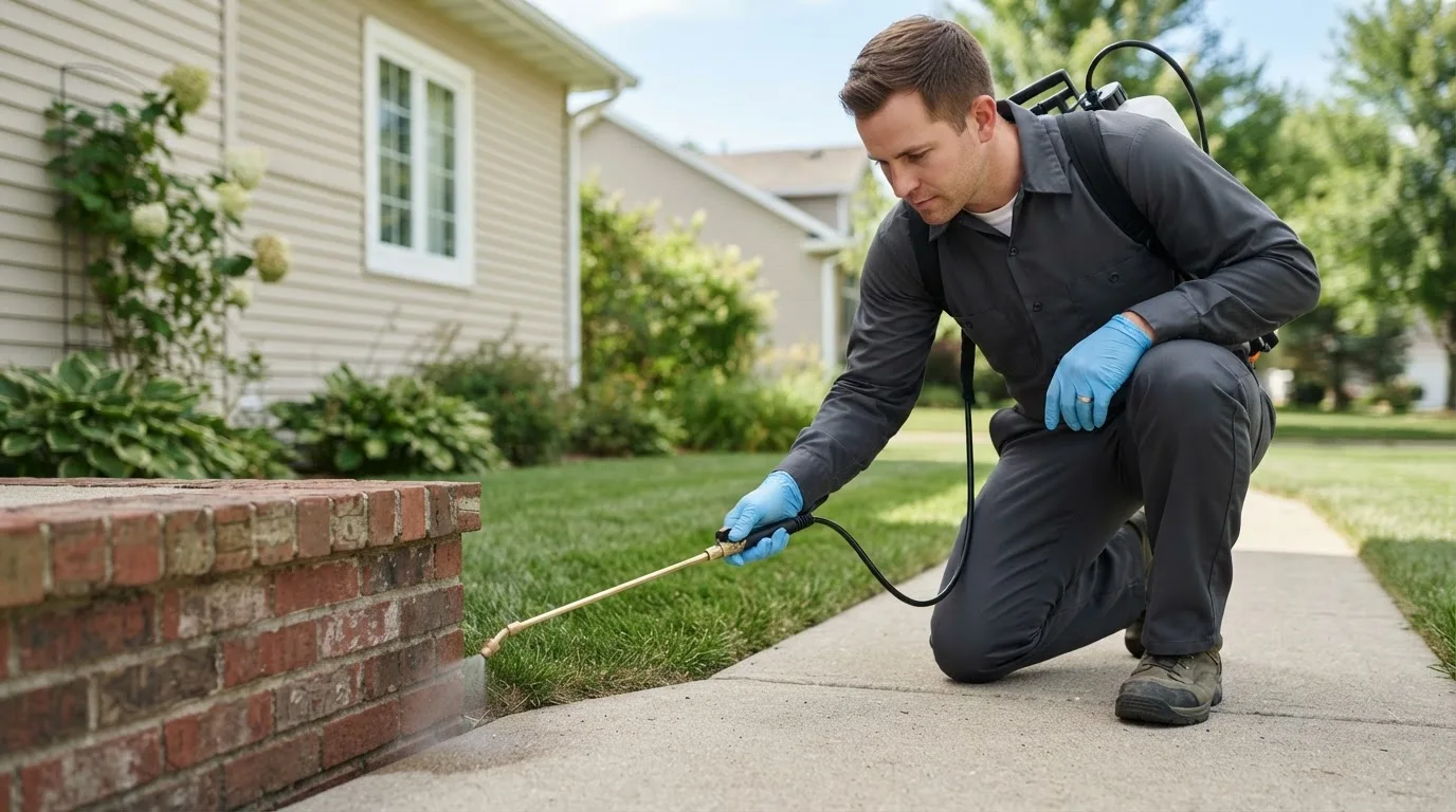 Pest control technician treating a home near Robertsville, OH