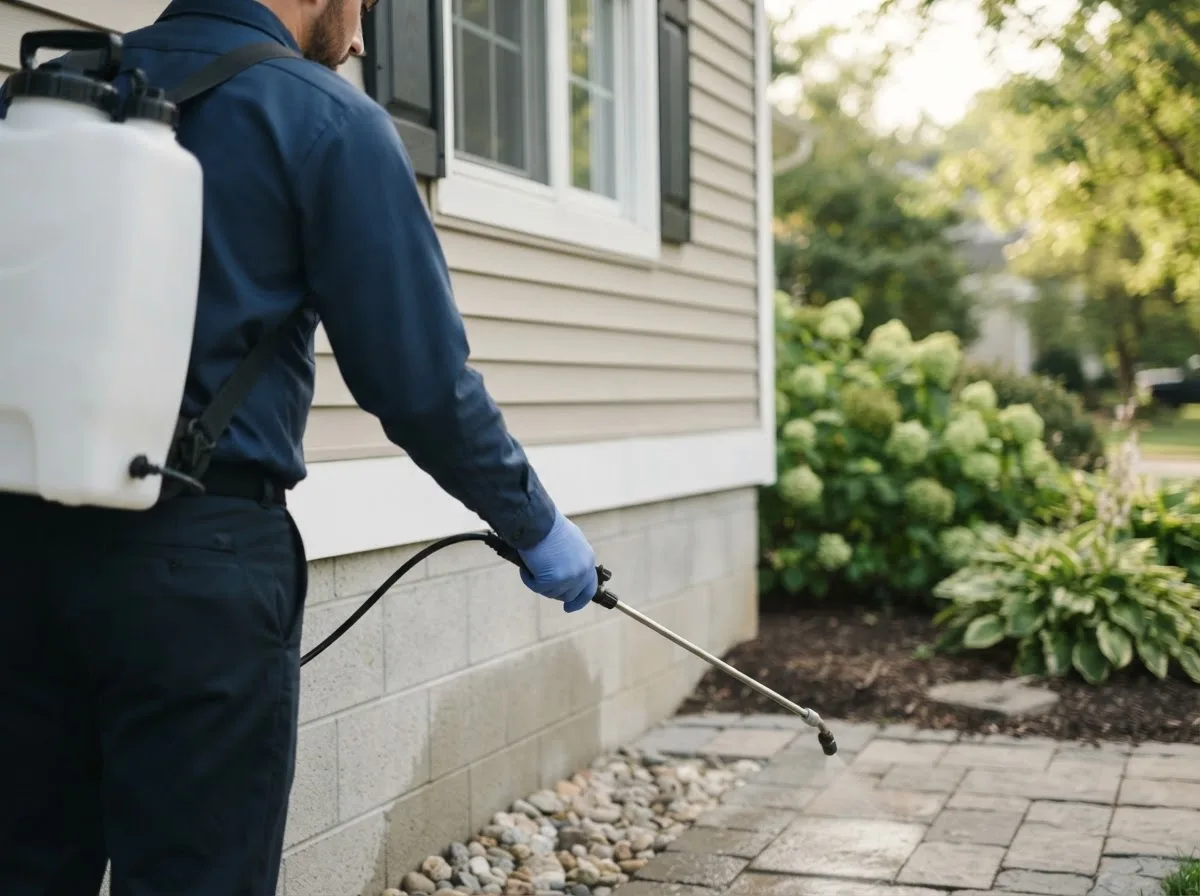 Pest control technician inspecting a home in Robertsville, OH